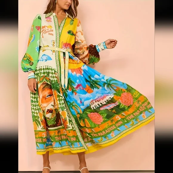 Green and Yellow Long Sleeve Resort Sundress - Picture 3 of 6